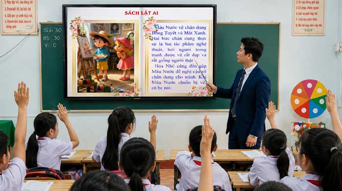 Thầy Minh đang chiếu bài đọc mẫu bằng sách lật